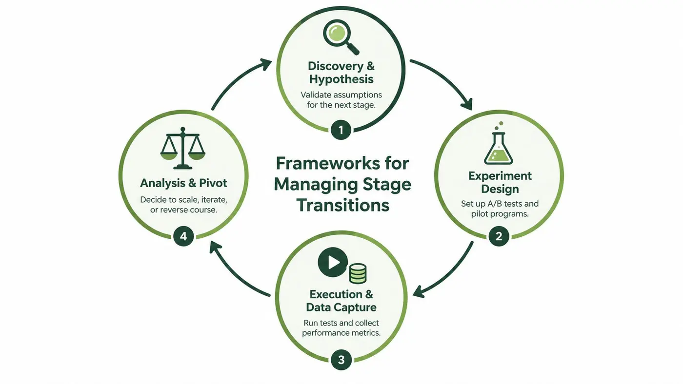 A circular diagram illustrating the four-stage framework for managing product life cycle transitions and business processes.