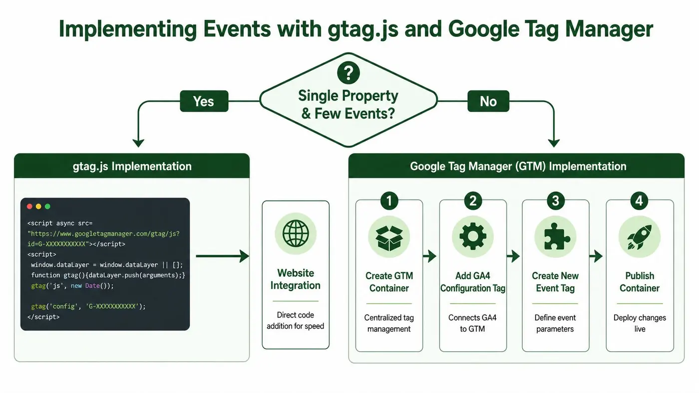 Flowchart comparing gtag.js and Google Tag Manager for implementing event tracking on websites.
