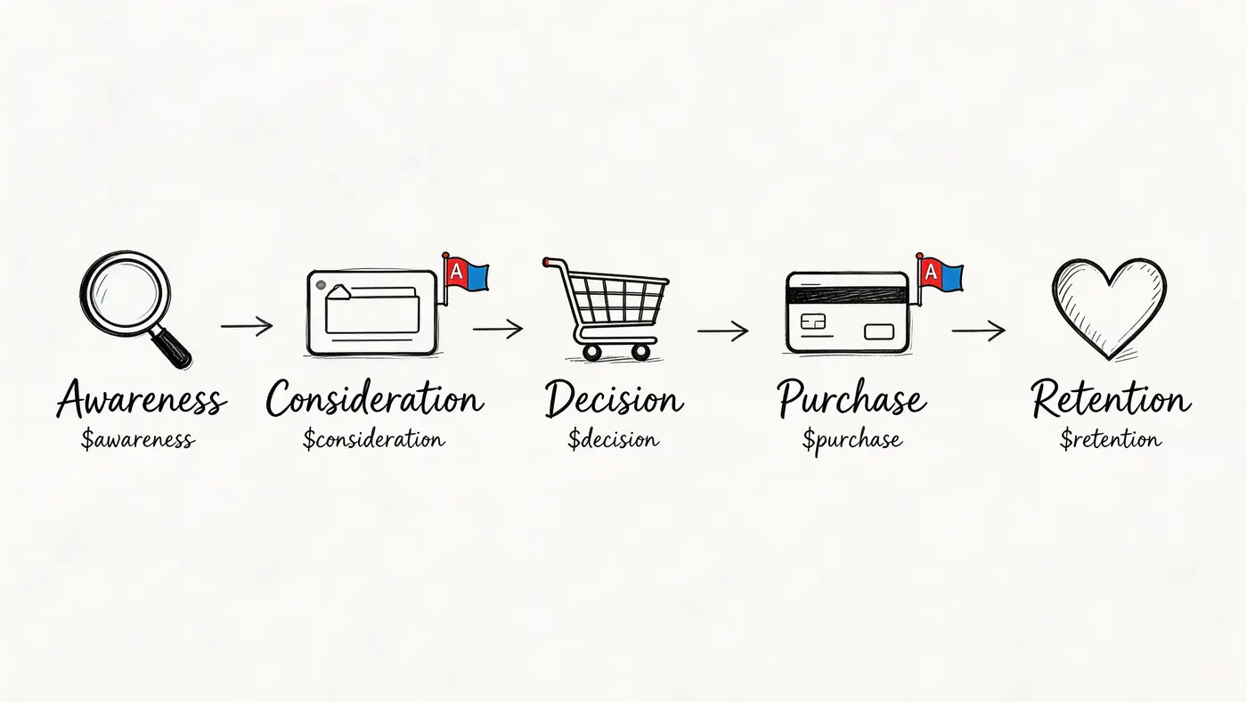 A hand-drawn style illustration depicting the five stages of a customer journey map from awareness to retention.