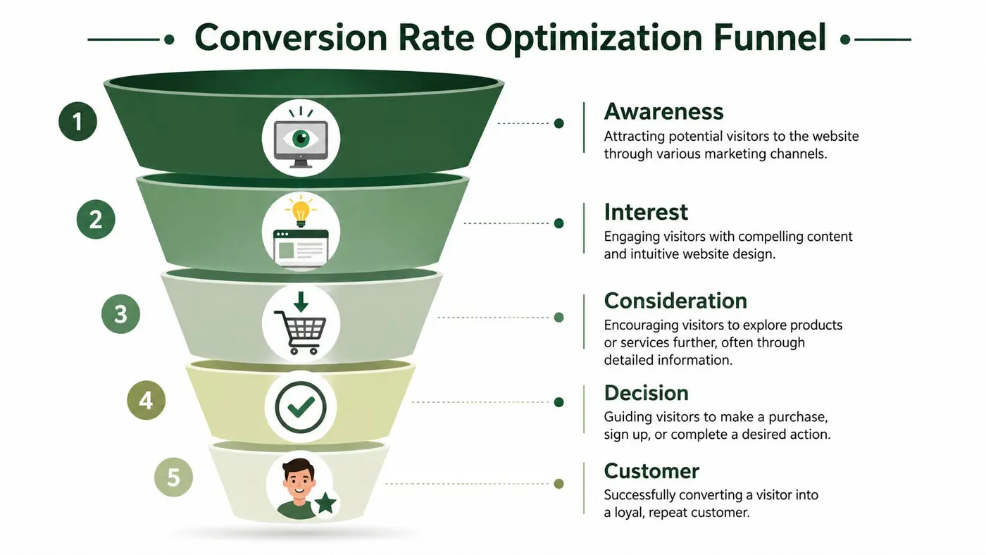A five-stage conversion rate optimization funnel illustrating the customer journey from awareness to becoming a loyal customer.