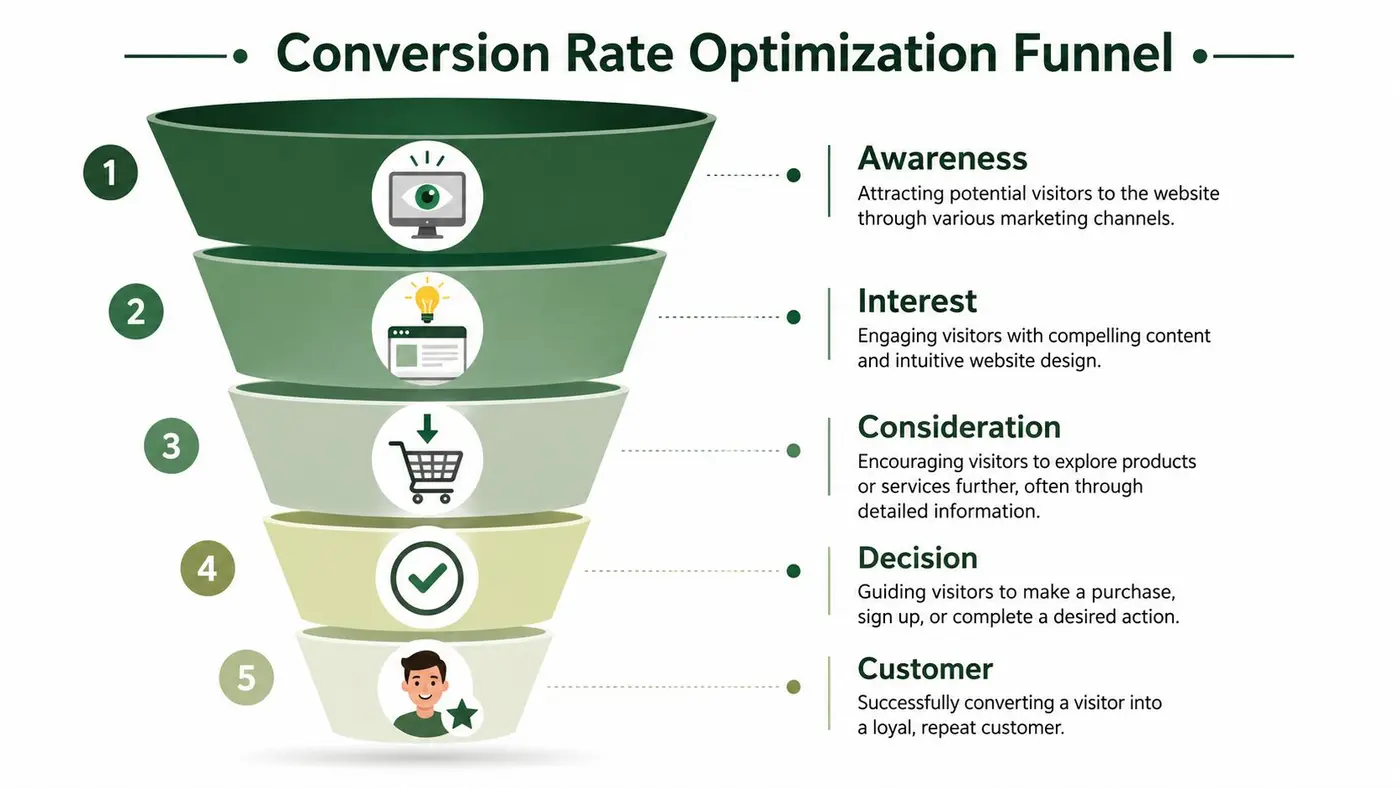 A five-stage conversion rate optimization funnel illustrating the customer journey from awareness to becoming a loyal customer.
