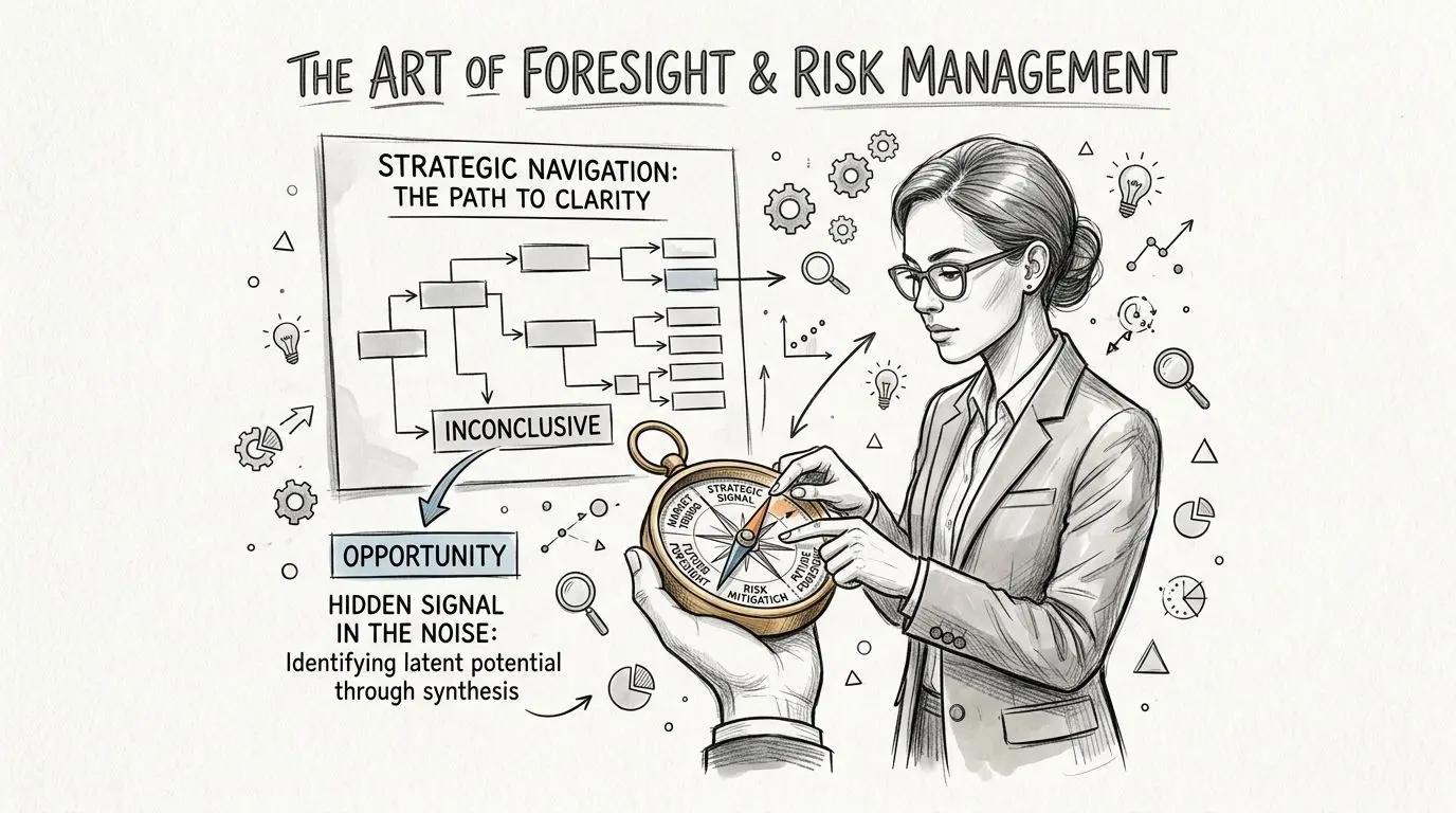 A professional woman examining a business compass and flowchart about strategic navigation, foresight, and risk management.