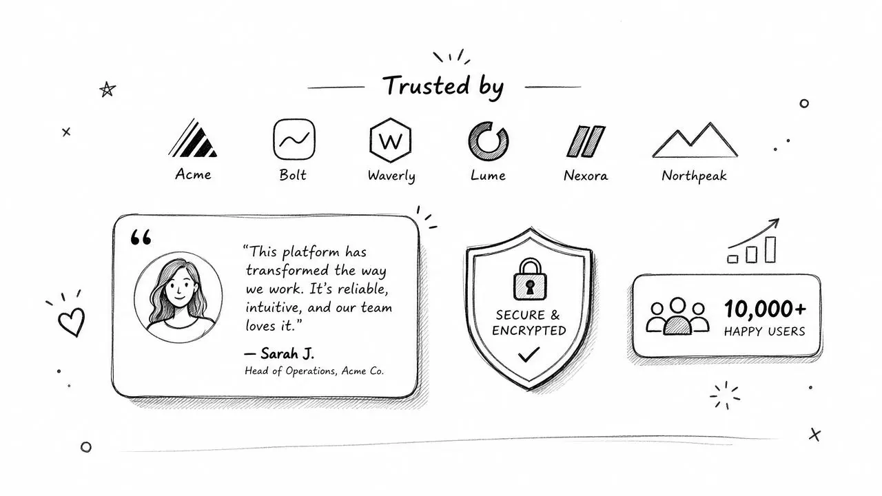 A hand-drawn style graphic for a business landing page featuring client logos, a customer testimonial, security badge, and user count.