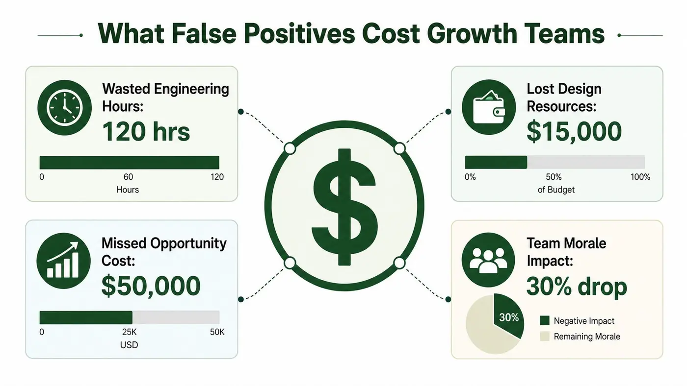 An infographic detailing the various costs to growth teams caused by false positives including time, money, and morale.