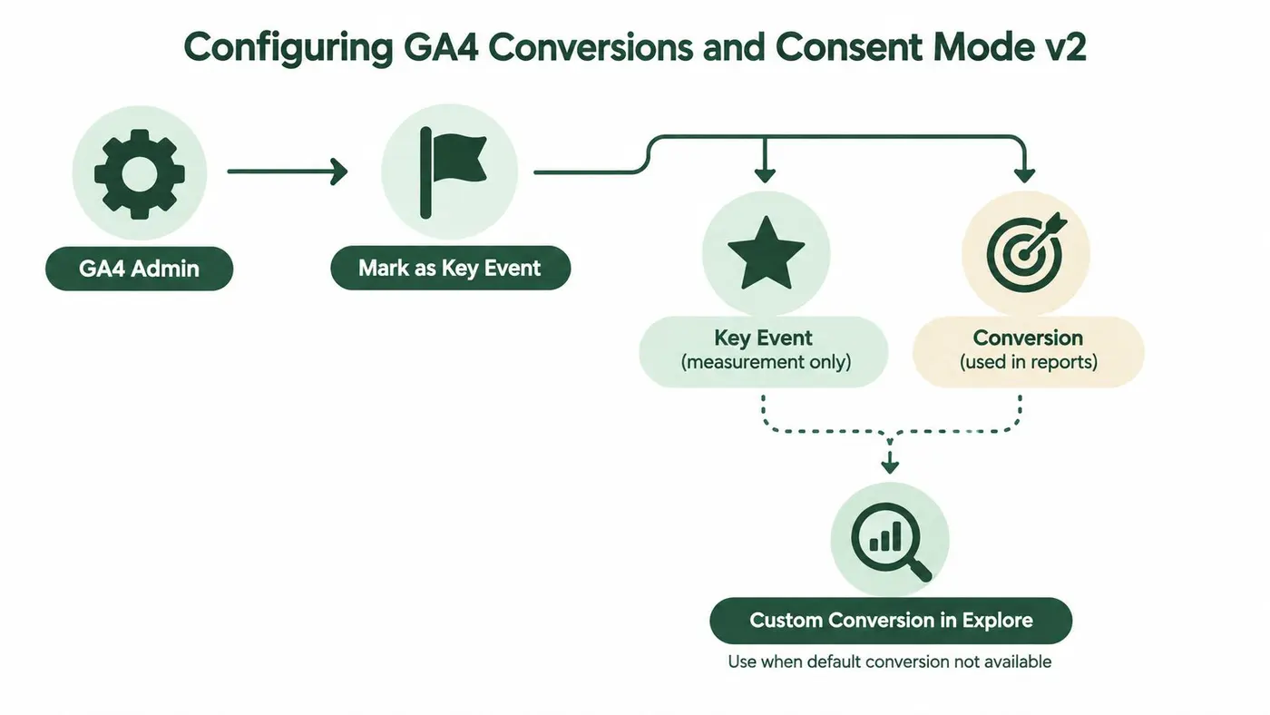 A flowchart diagram illustrating the steps for configuring GA4 conversions and consent mode v2 in Google Analytics.