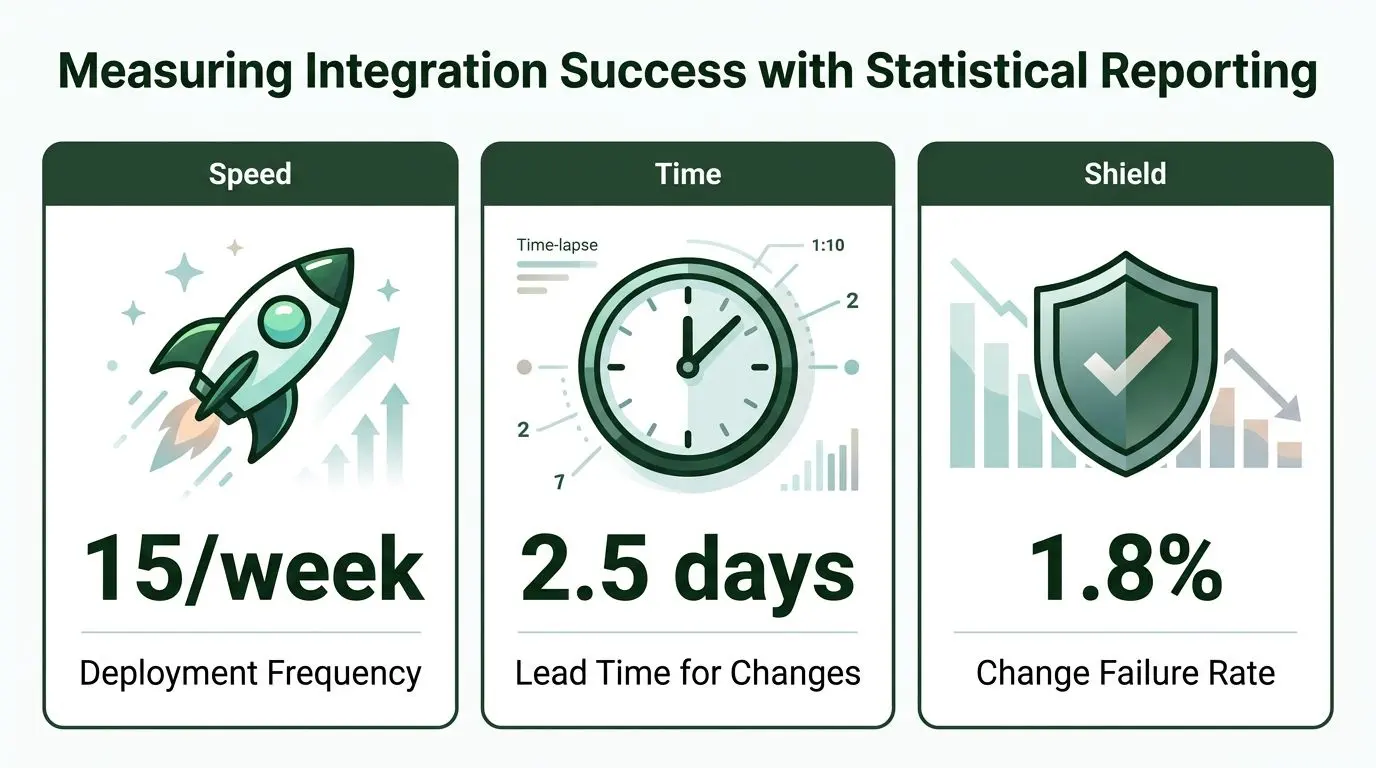 An infographic titled Measuring Integration Success with Statistical Reporting showing deployment frequency, lead time, and failure rates.