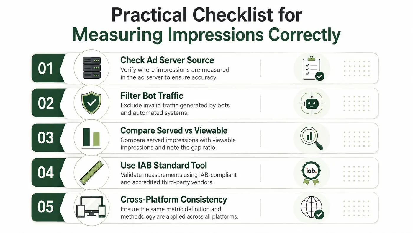 A checklist infographic outlining five best practices for accurately measuring digital ad impressions across various platforms.