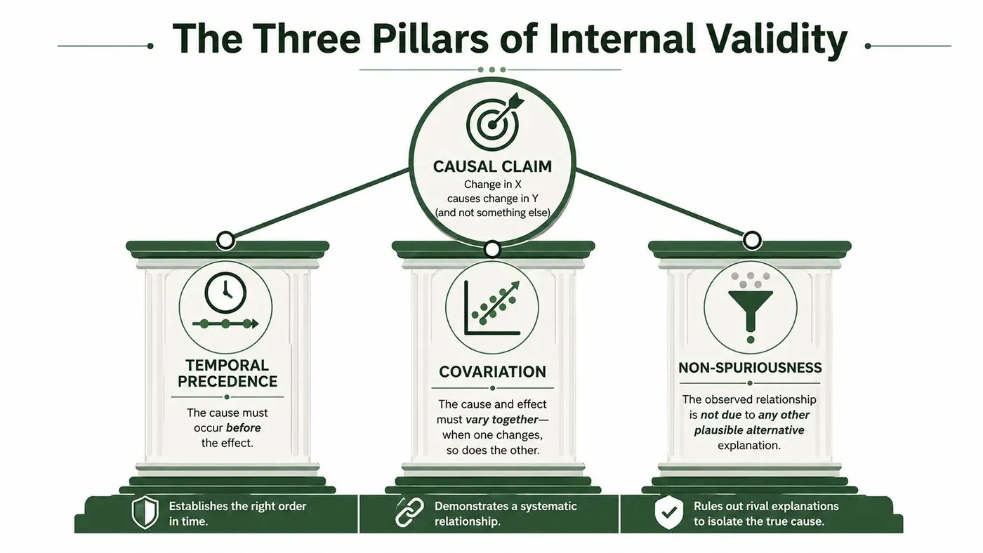 An infographic titled The Three Pillars of Internal Validity, showing temporal precedence, covariation, and non-spuriousness.