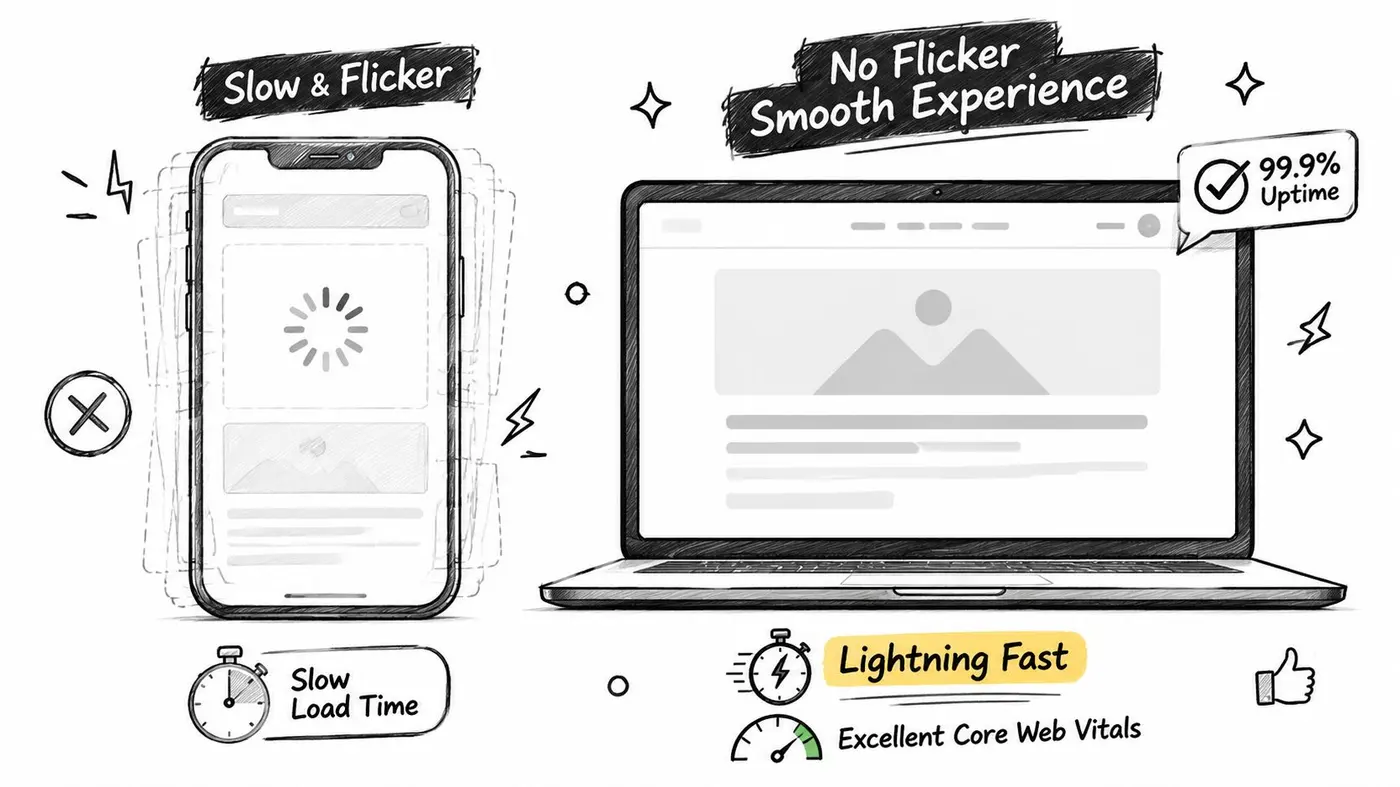 A hand-drawn comparison showing a slow, flickering mobile loading experience versus a fast, smooth laptop web experience.