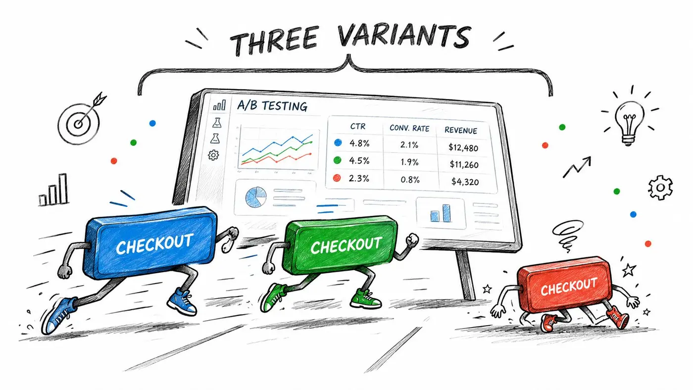 A hand-drawn illustration showing three colored checkout buttons racing in an A/B testing experiment.