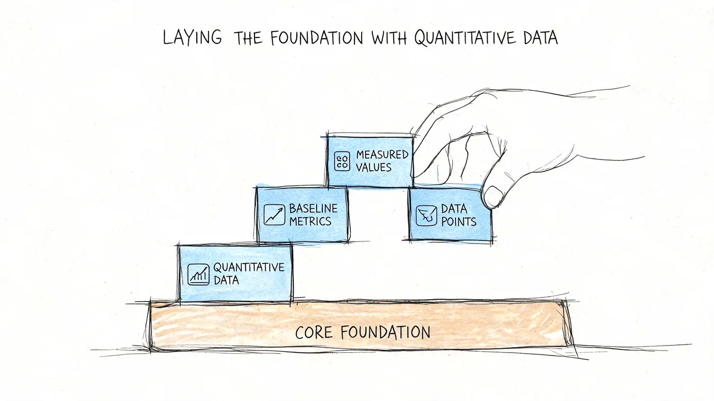 A hand placing a block labeled data points on a structure illustrating foundation with quantitative data metrics.