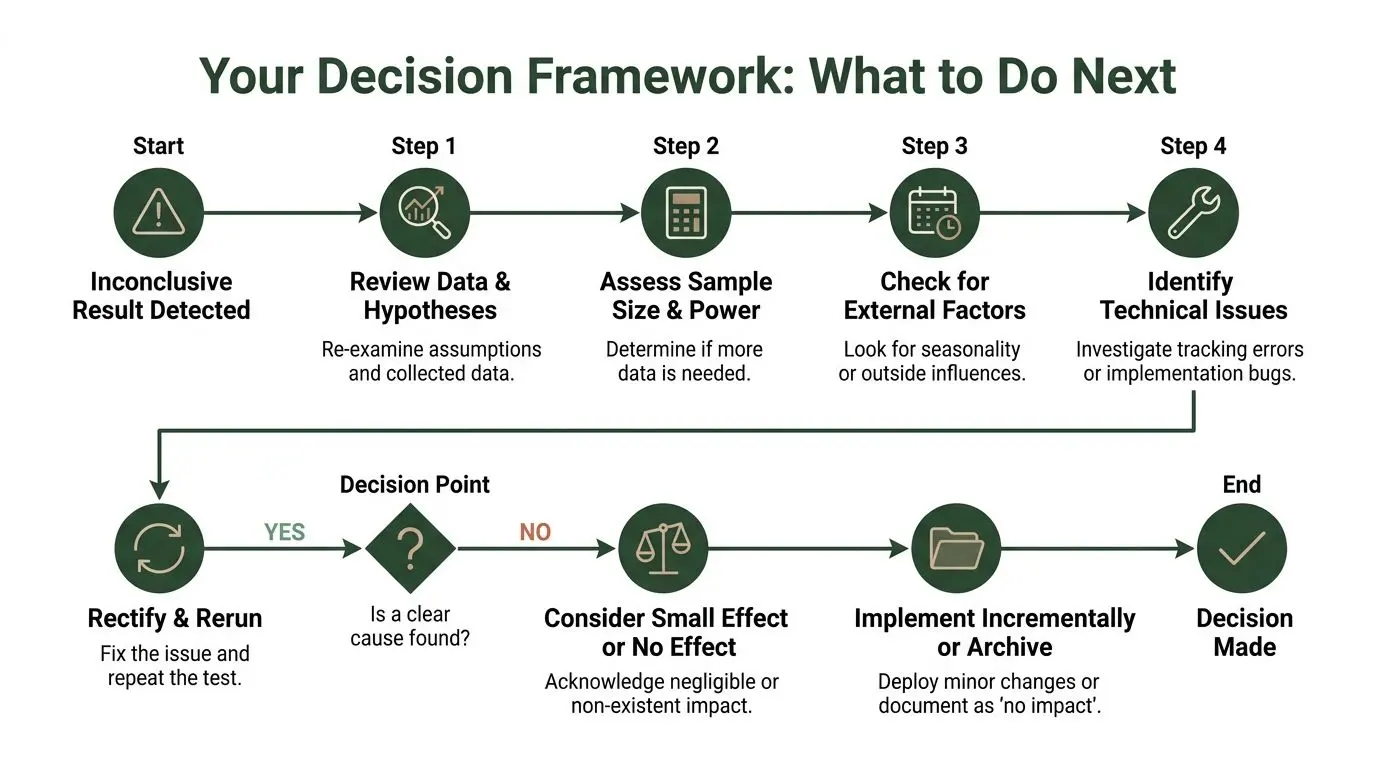 A flow chart titled Your Decision Framework showing steps to resolve inconclusive A/B test results.