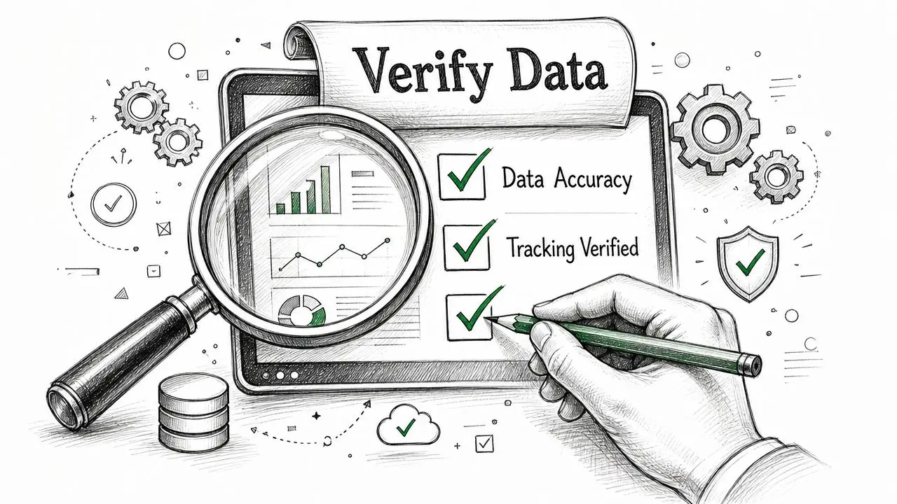 A hand drawing a checkmark on a tablet checklist next to a magnifying glass visualizing data verification.