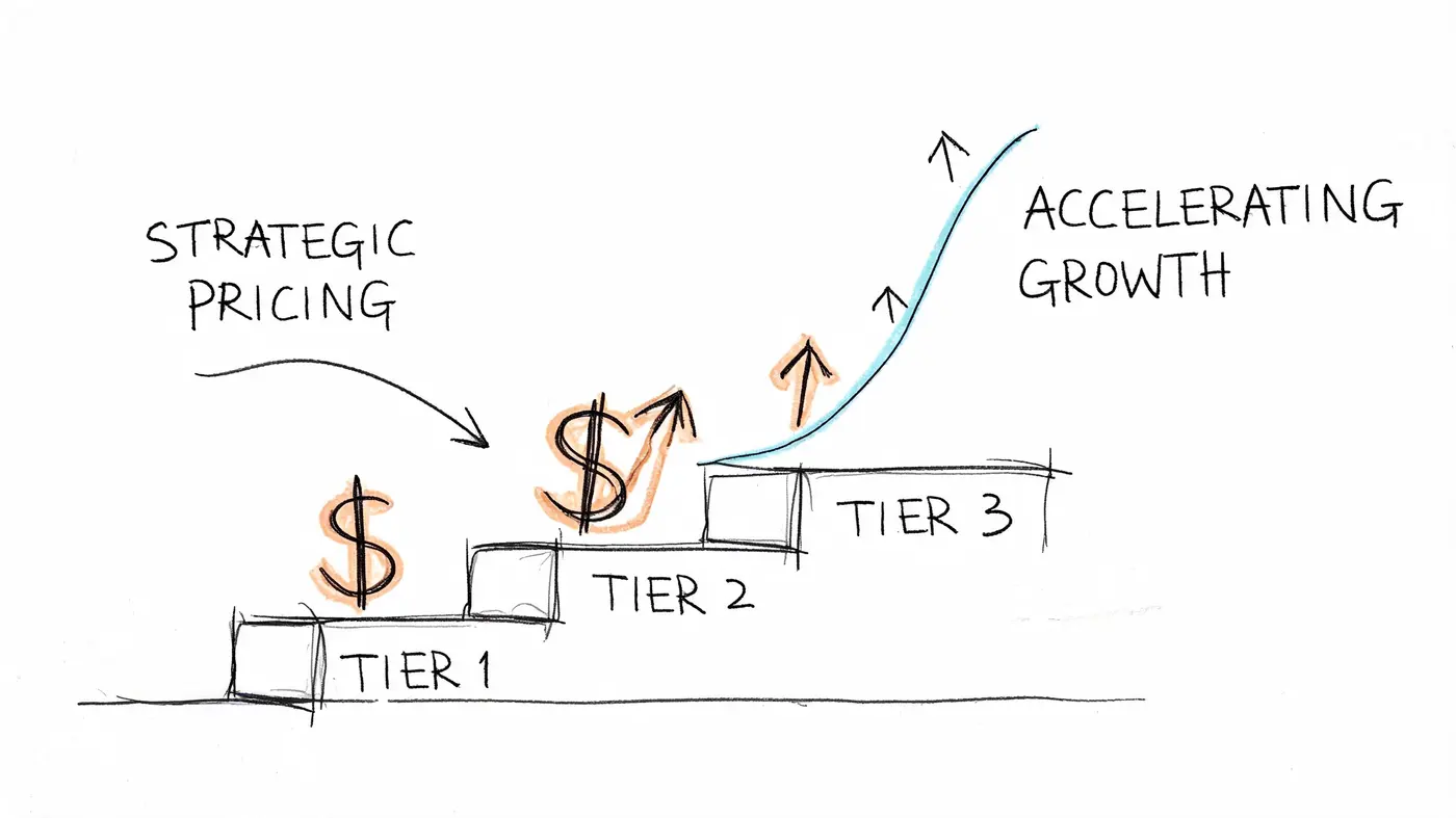 A hand-drawn illustration showing three steps labeled Tier 1, 2, and 3, depicting strategic pricing and accelerating growth.