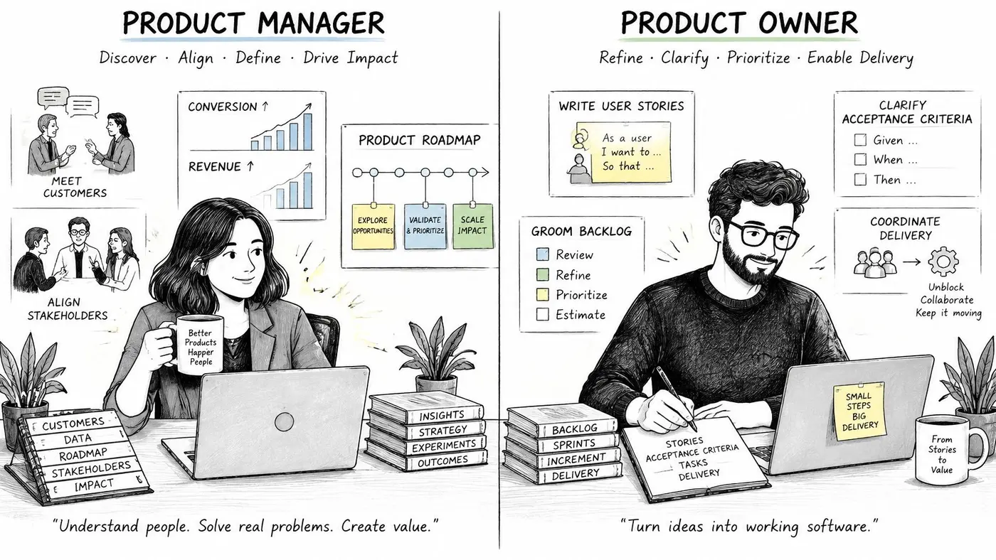 A split illustration comparing the roles of a product manager and a product owner in business.