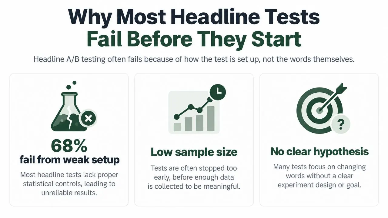 An infographic showing three main reasons why headline A/B testing campaigns often fail to produce valid results.