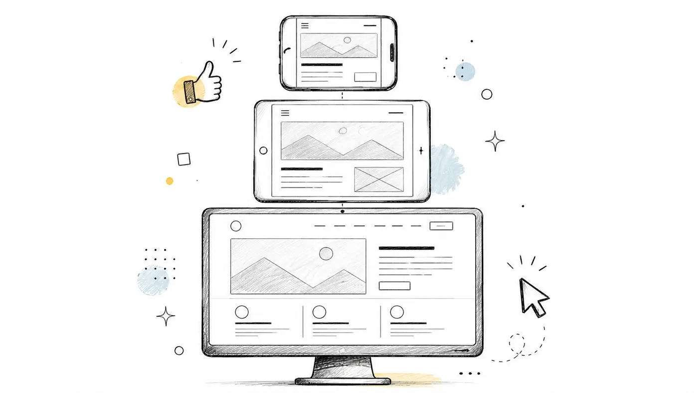 A hand-drawn illustration showing responsive web design layouts across a desktop monitor, tablet, and mobile smartphone.