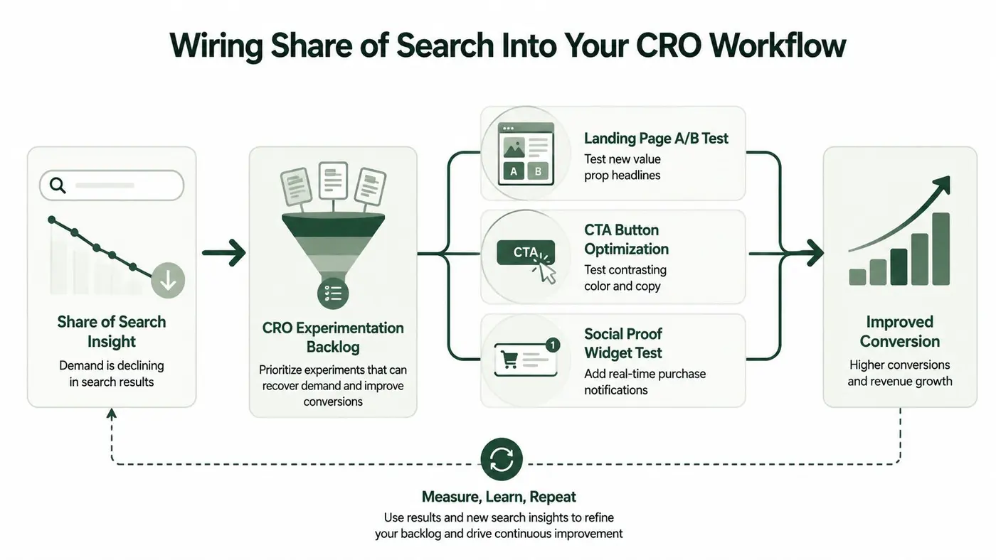 A diagram illustrating how to integrate share of search data into a conversion rate optimization workflow.
