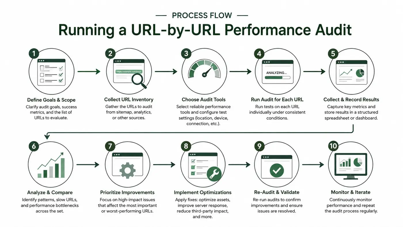 A ten-step process flow infographic showing the methodology for performing a URL-by-URL website performance audit.
