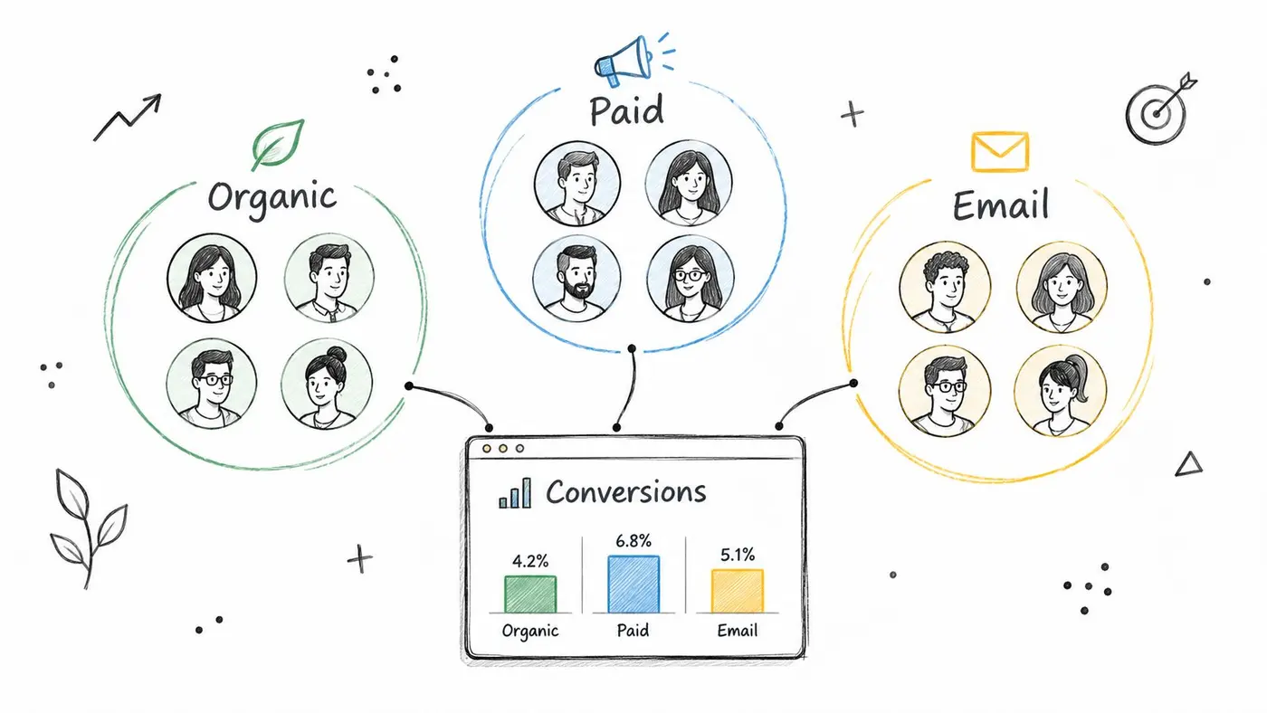 A hand-drawn illustration comparing conversion rates for Organic, Paid, and Email marketing channels in a dashboard.