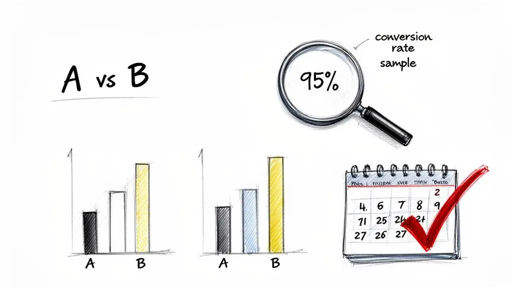Sketch illustrating A/B testing, comparing options A and B with bar charts, conversion rates, and a calendar.