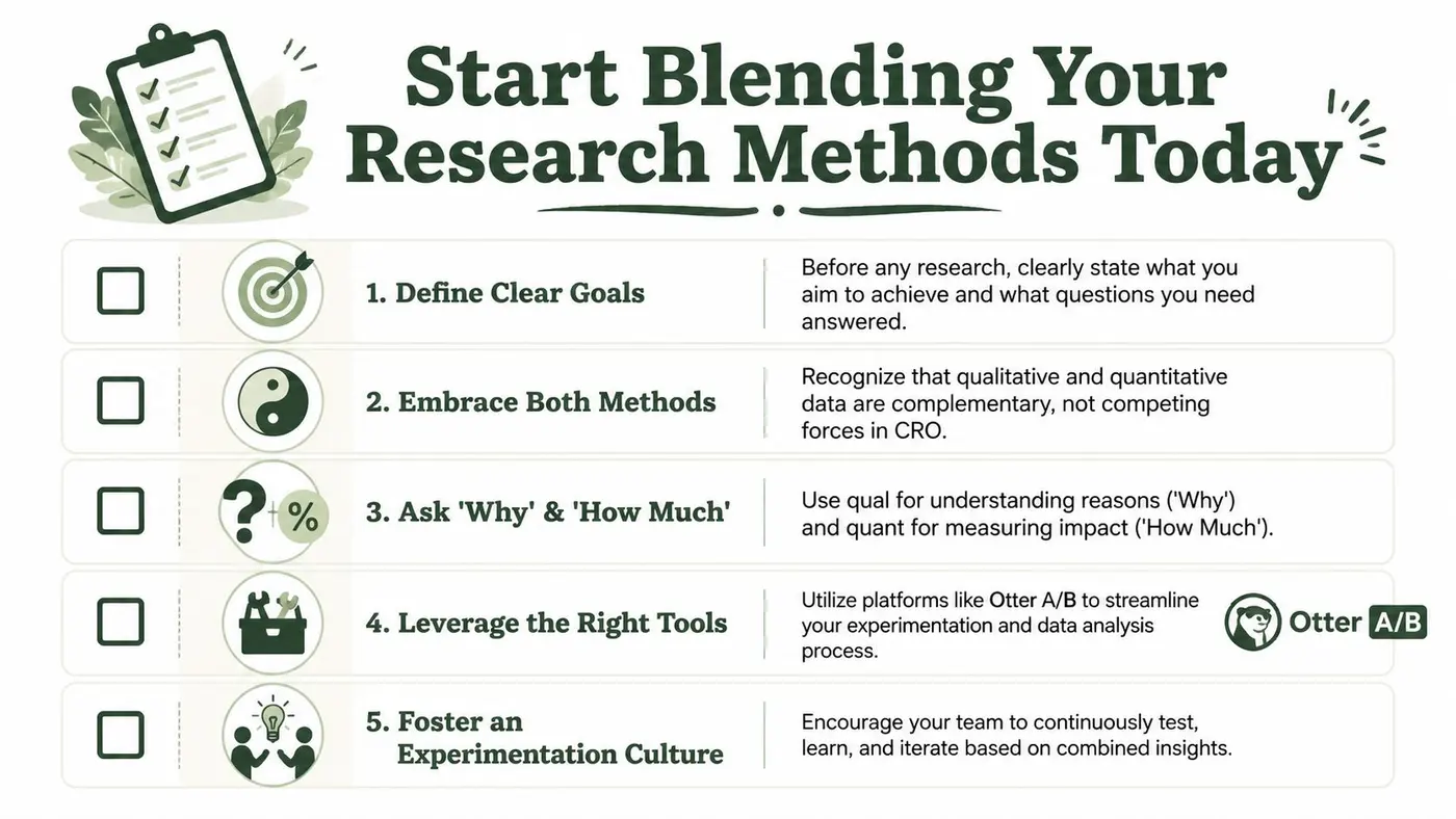 An infographic showing five steps to blend qualitative and quantitative research methods for better experimentation and data analysis.