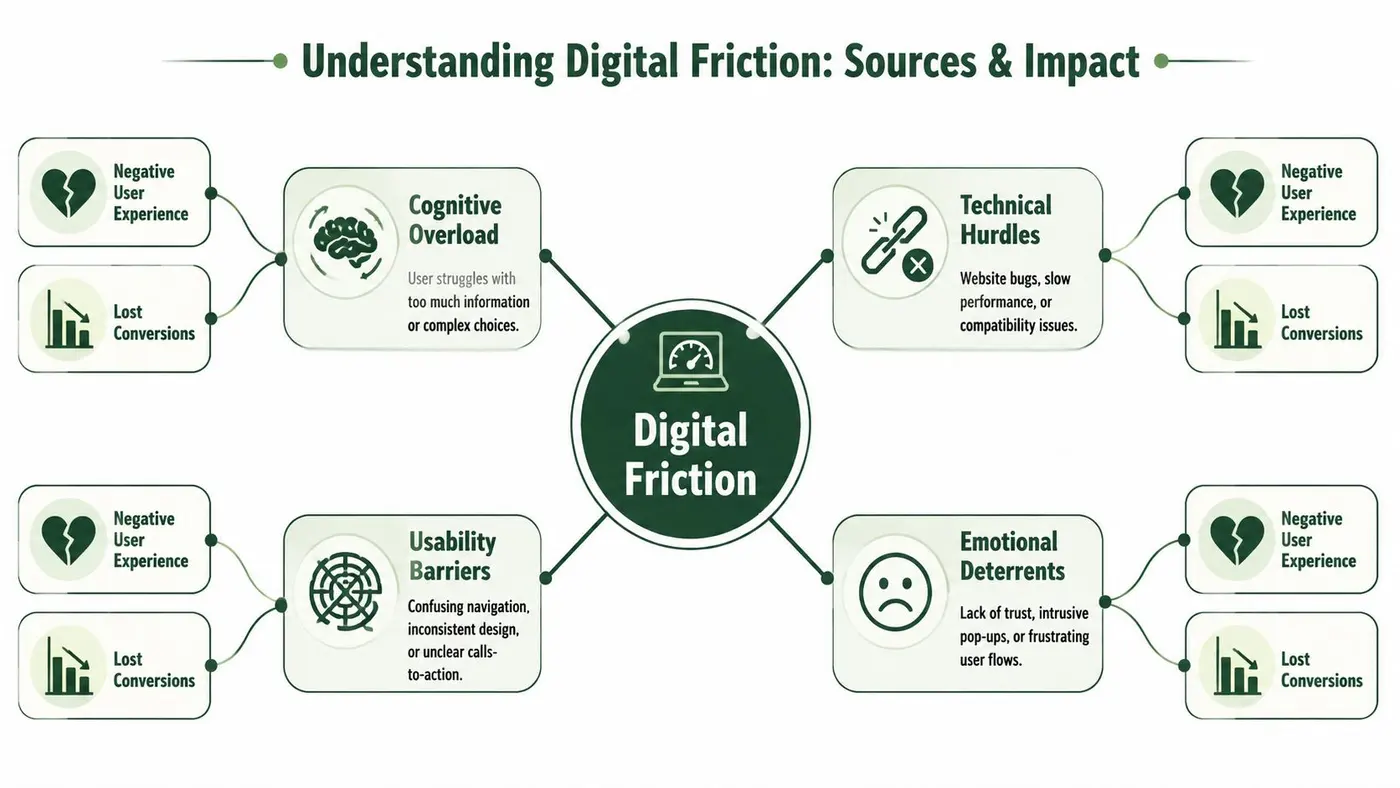 A diagram illustrating the sources of digital friction and its negative impacts on user experience and conversions.
