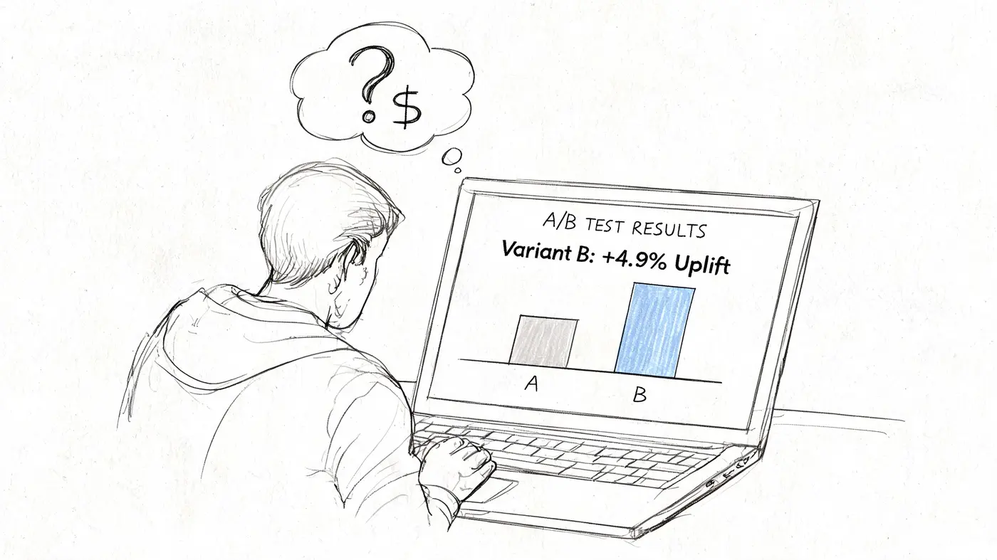 A person looking at a laptop screen displaying A/B test results showing a 4.9% uplift for variant B.