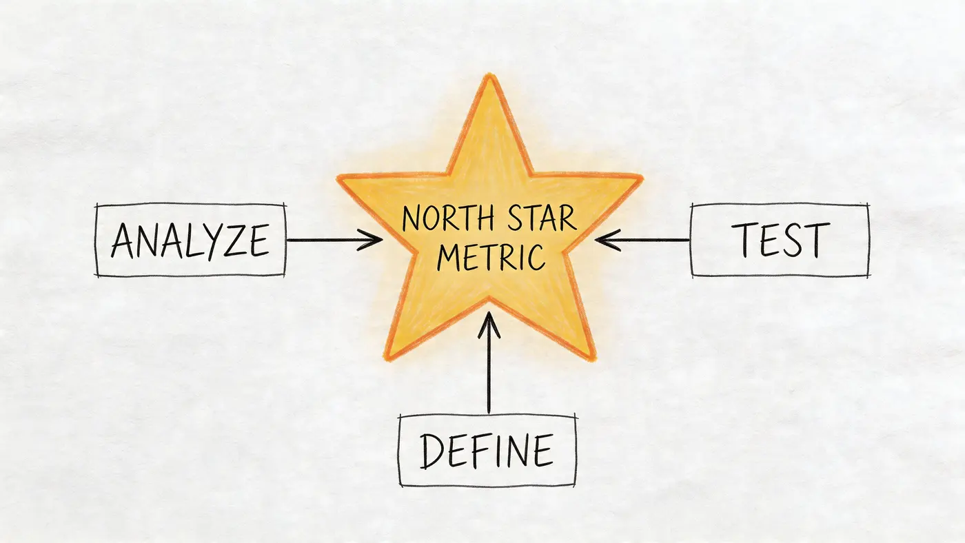 A yellow star illustration representing the North Star Metric with arrows pointing to Analyze, Test, and Define.