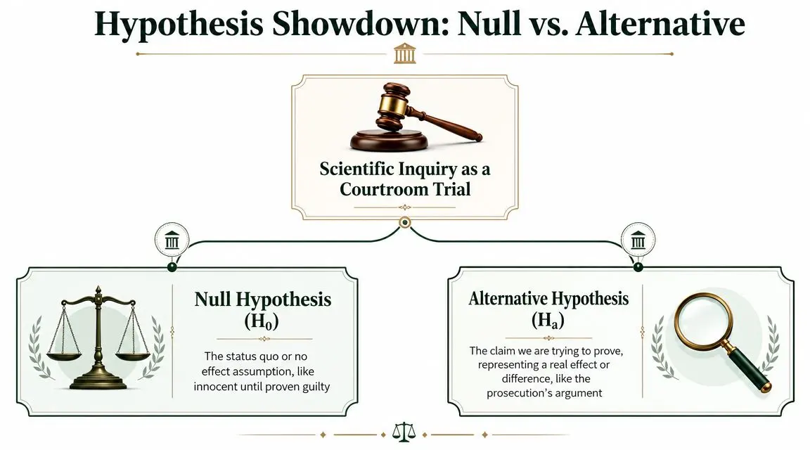 A diagram comparing the null hypothesis and alternative hypothesis using the metaphor of a courtroom trial.