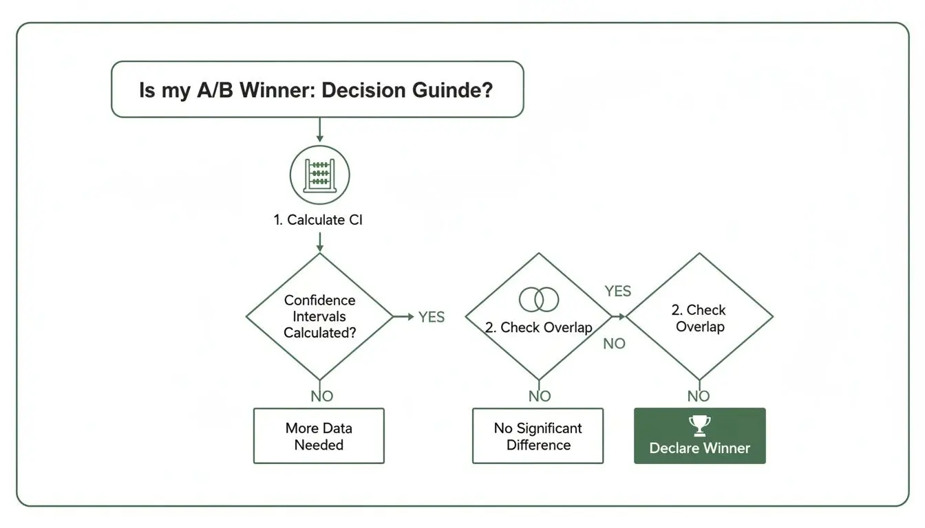 Flowchart showing a decision guide for A/B testing, using confidence interval calculation and overlap checks.