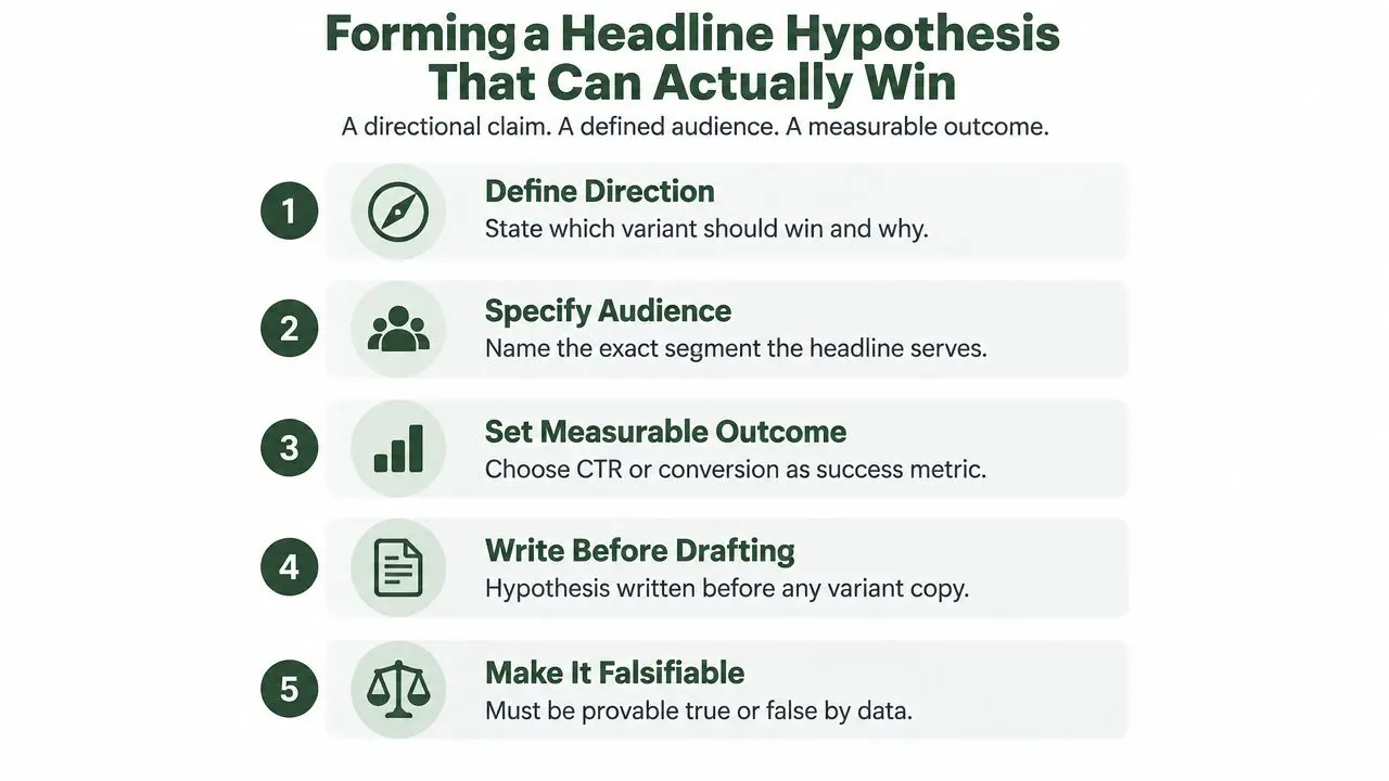 A list of five essential steps for creating a winning headline hypothesis for marketing A/B testing.