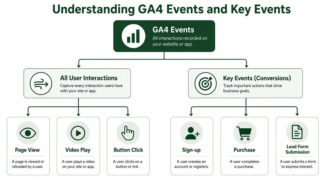 A diagram illustrating the difference between general GA4 events and key events for conversion tracking.
