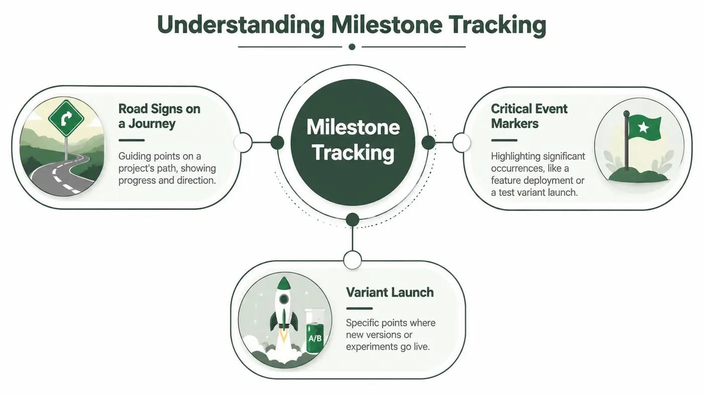 A diagram explaining milestone tracking with icons representing road signs, project markers, and a variant launch.