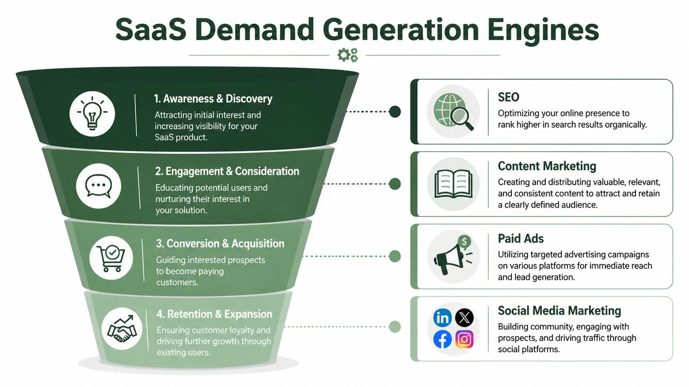 A funnel diagram illustrating the four stages of SaaS demand generation, from awareness to customer retention.