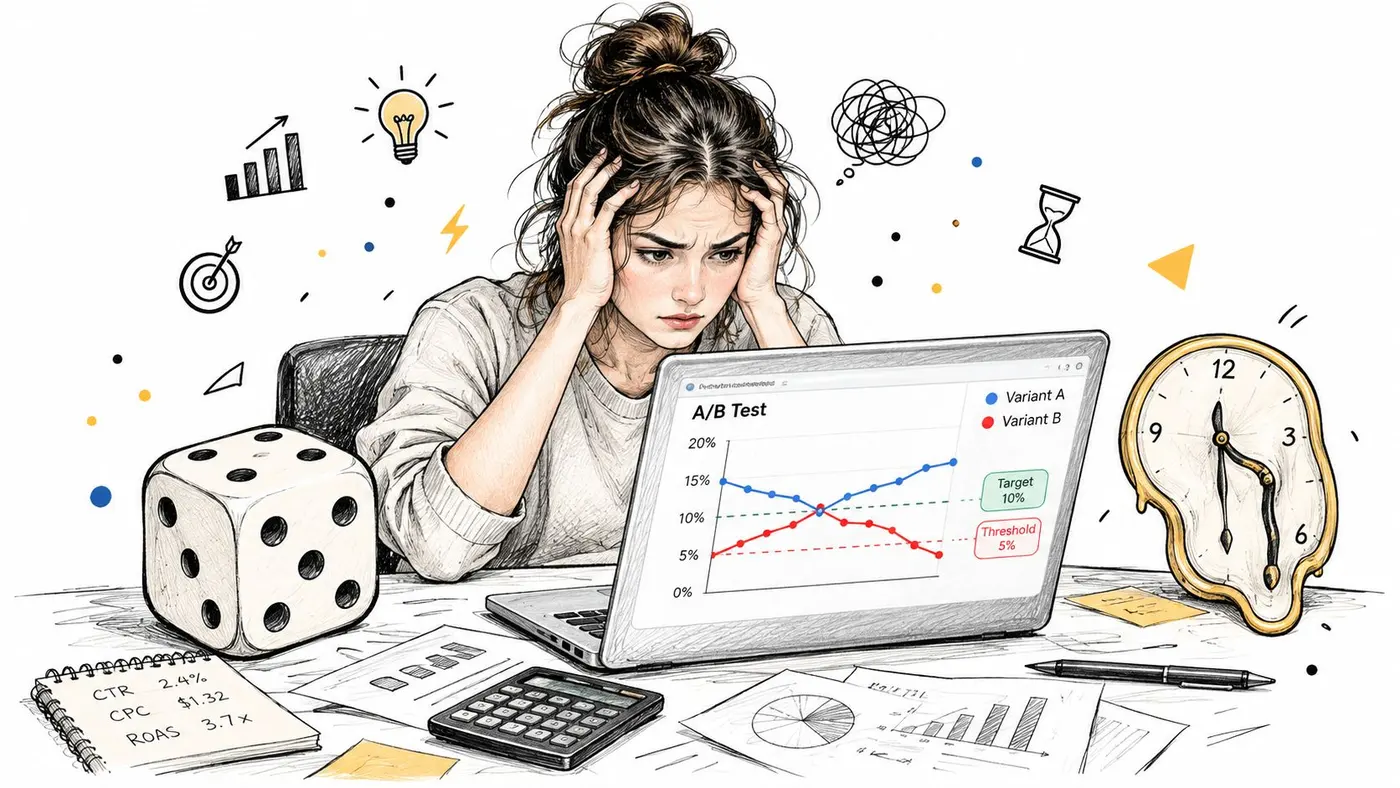 A stressed woman working on a laptop at a messy desk with A/B testing data analytics.