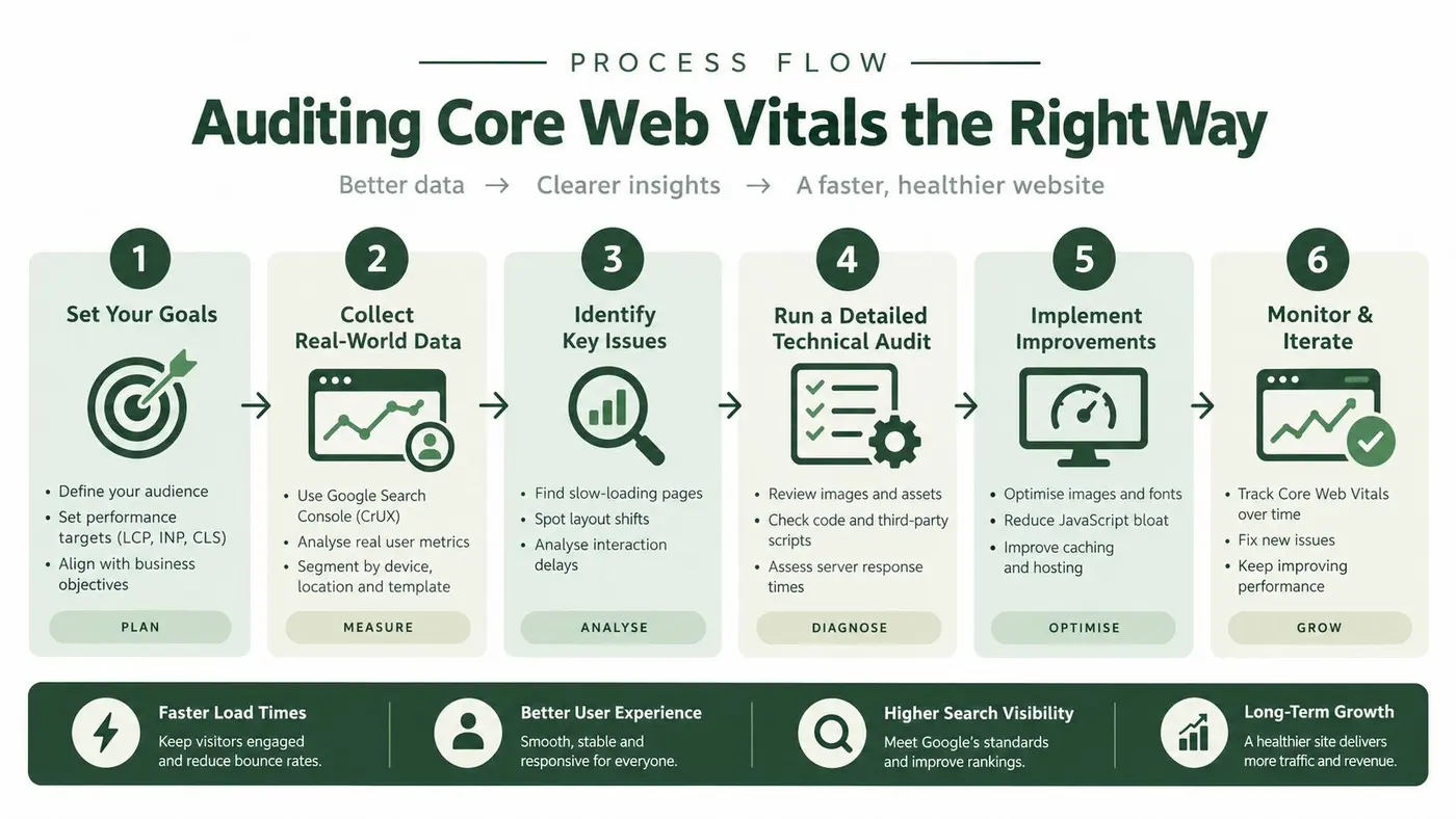 A six-step process flow infographic detailing how to audit and optimize Core Web Vitals for websites.