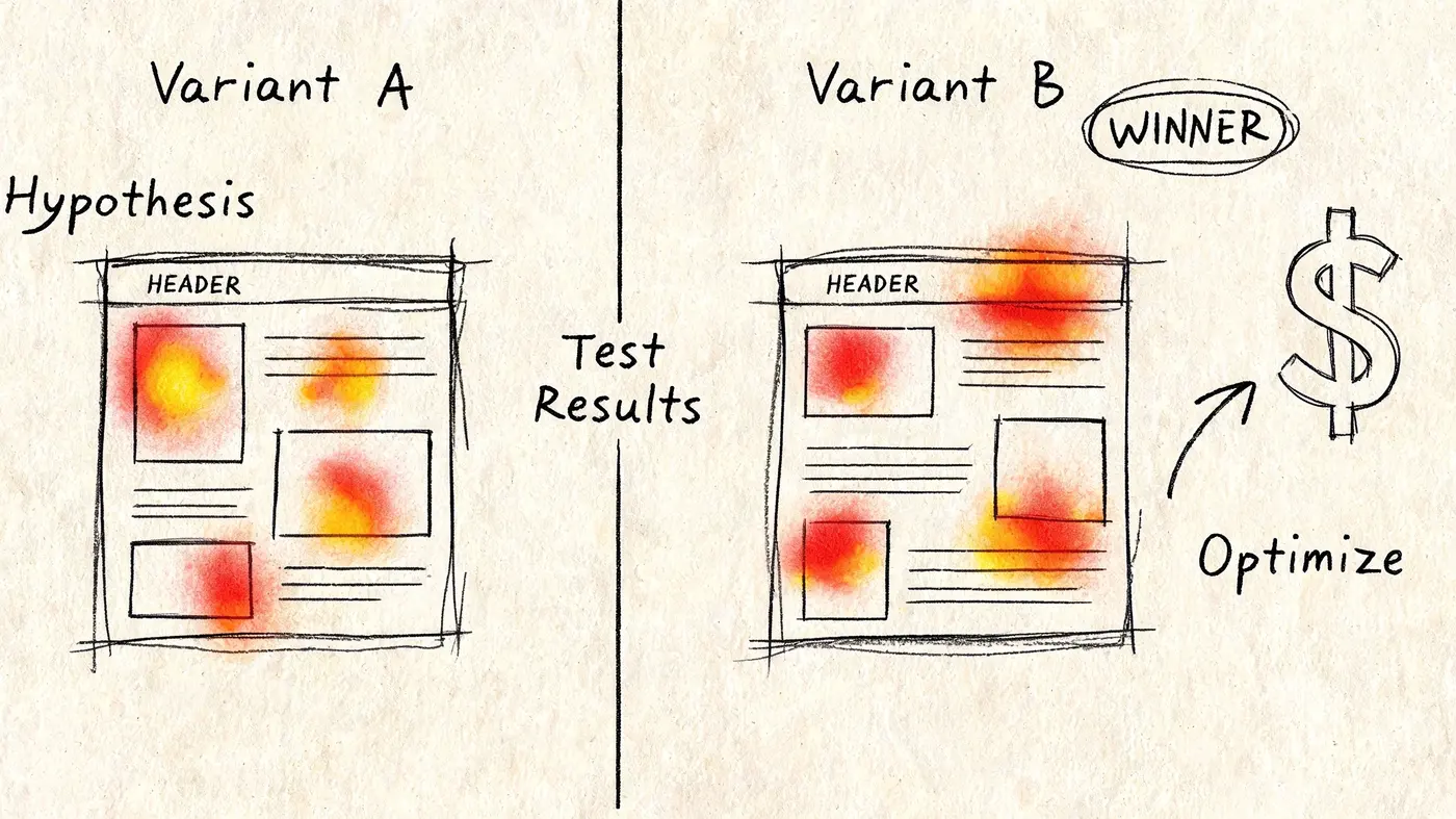 A hand-drawn sketch comparing Variant A and Variant B website layouts using heatmap analysis for conversion optimization.