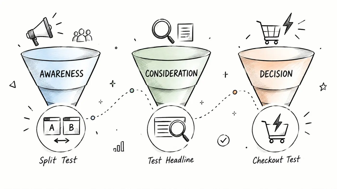 A marketing funnel illustration showing A/B testing stages for awareness, consideration, and purchase decision optimization.