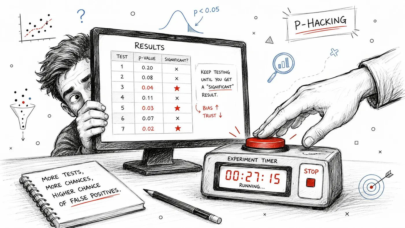 A person peeking behind a computer screen illustrating p-hacking with results tables and an experiment timer.