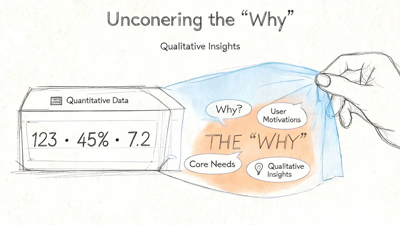 A hand peeling back a layer to reveal qualitative insights and user motivations behind quantitative data.