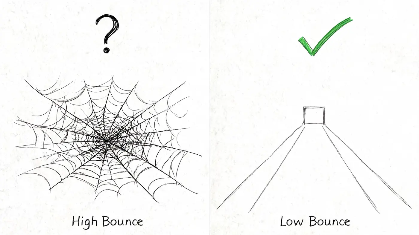 A visual comparison between high bounce rate represented by a complex spiderweb and low bounce rate as a simple path.