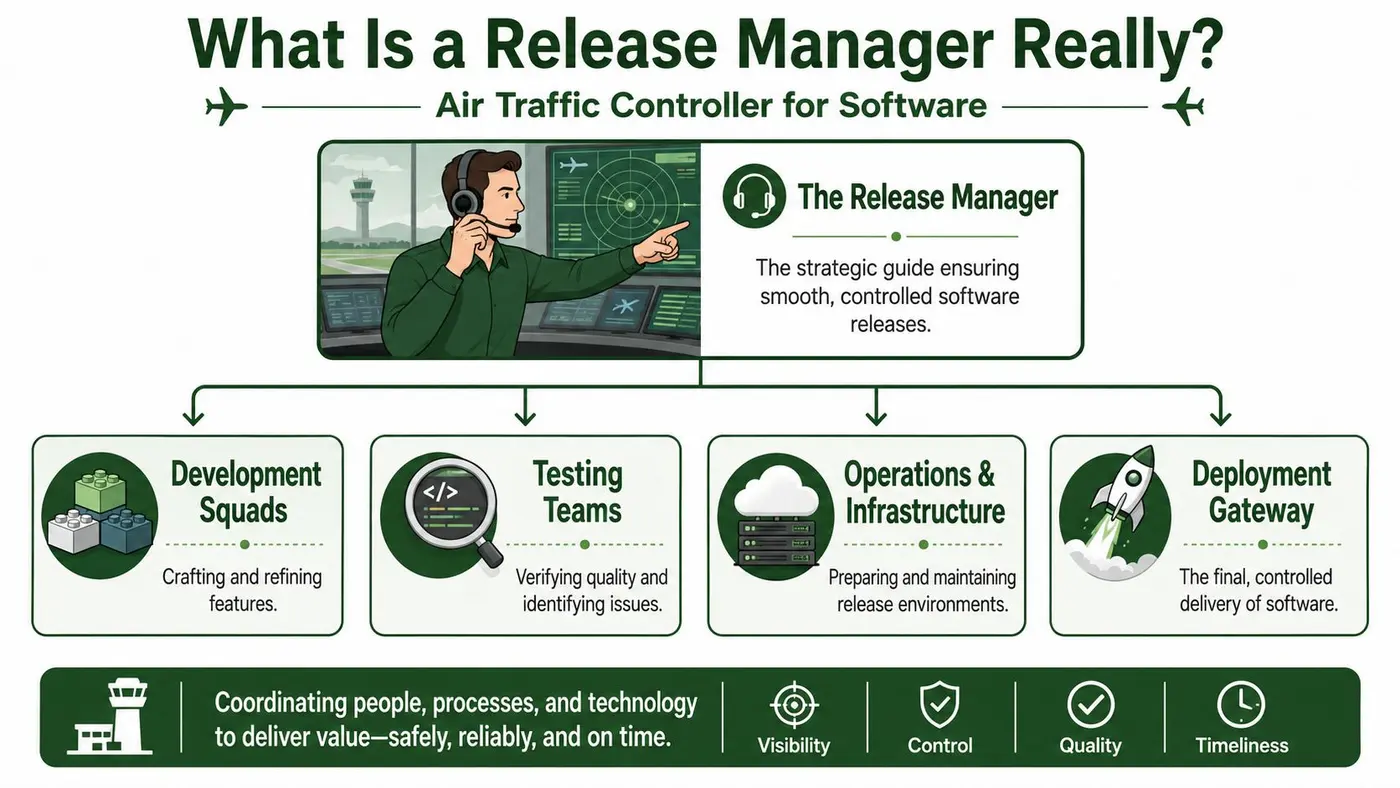 An infographic illustrating the role of a Release Manager as an air traffic controller for software development.