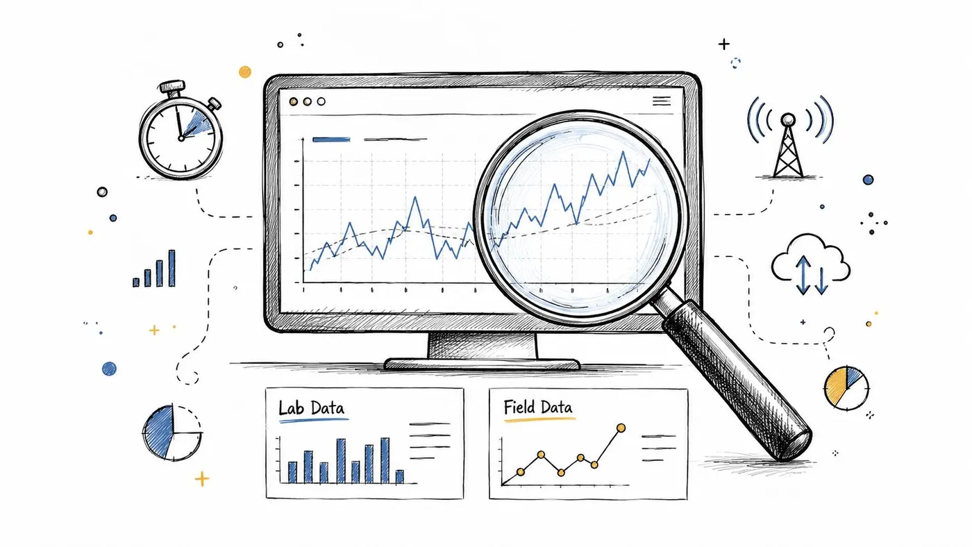 A hand-drawn illustration showing a computer monitor with data charts being analyzed with a magnifying glass.