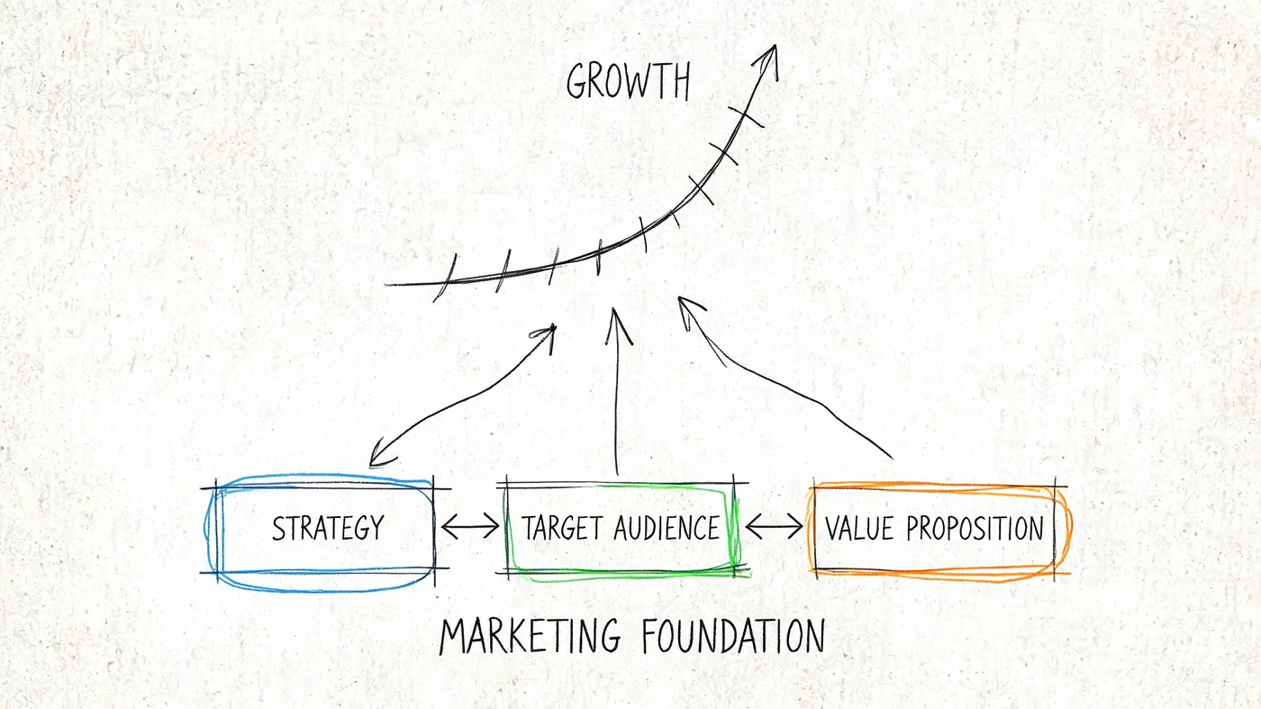 A hand-drawn diagram illustrating that strategy, target audience, and value proposition are the foundations of marketing growth.
