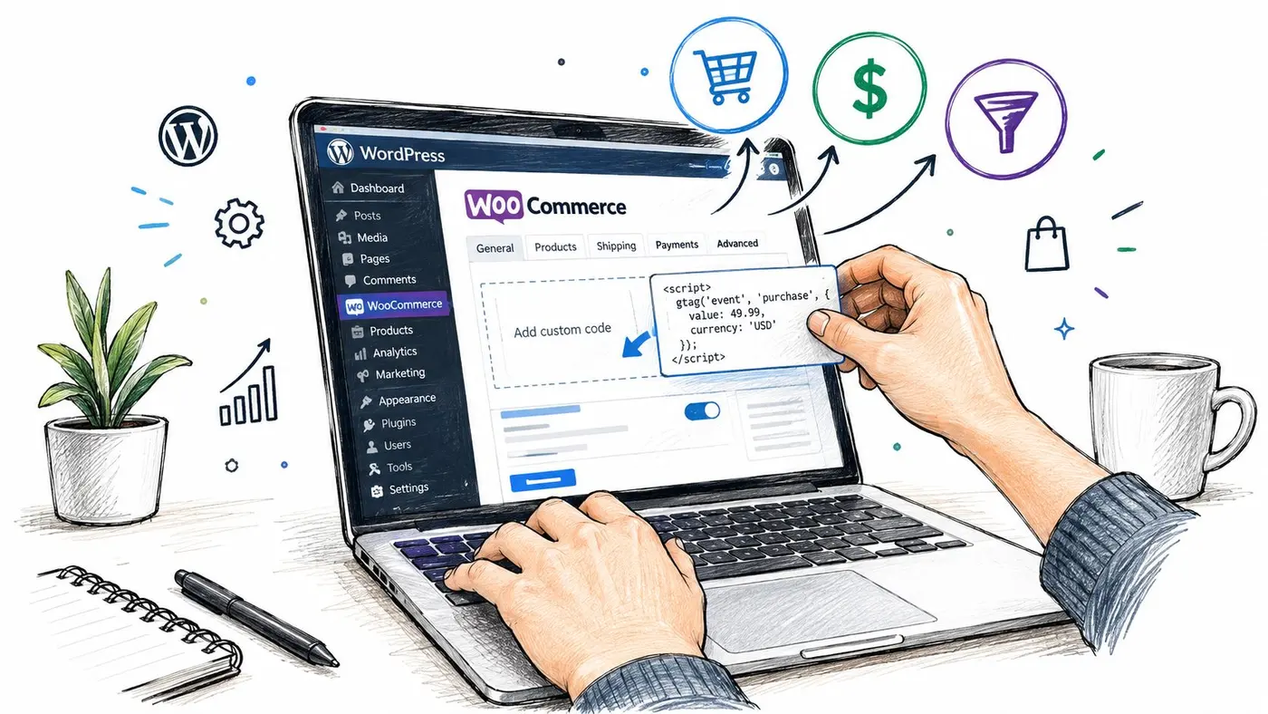 A hand holding a code snippet above a WooCommerce dashboard on a laptop for analytics integration.