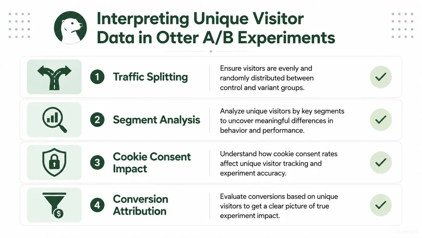 An infographic titled Interpreting Unique Visitor Data in Otter A/B Experiments showing four key analytical steps.