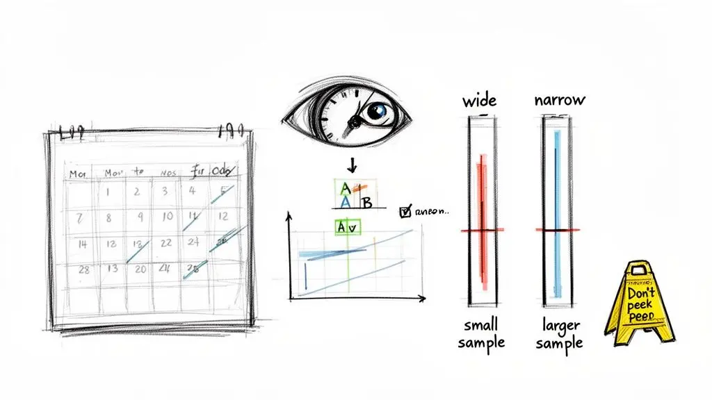 Visual explanation of statistical concepts including confidence intervals, sample size, A/B testing, and the 'Don't Peek' warning.