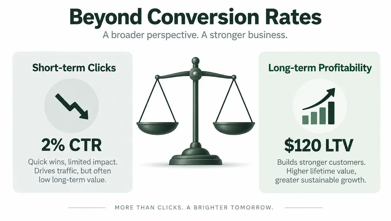 A visual comparison infographic weighing short-term clicks versus long-term profitability to emphasize sustainable business growth.