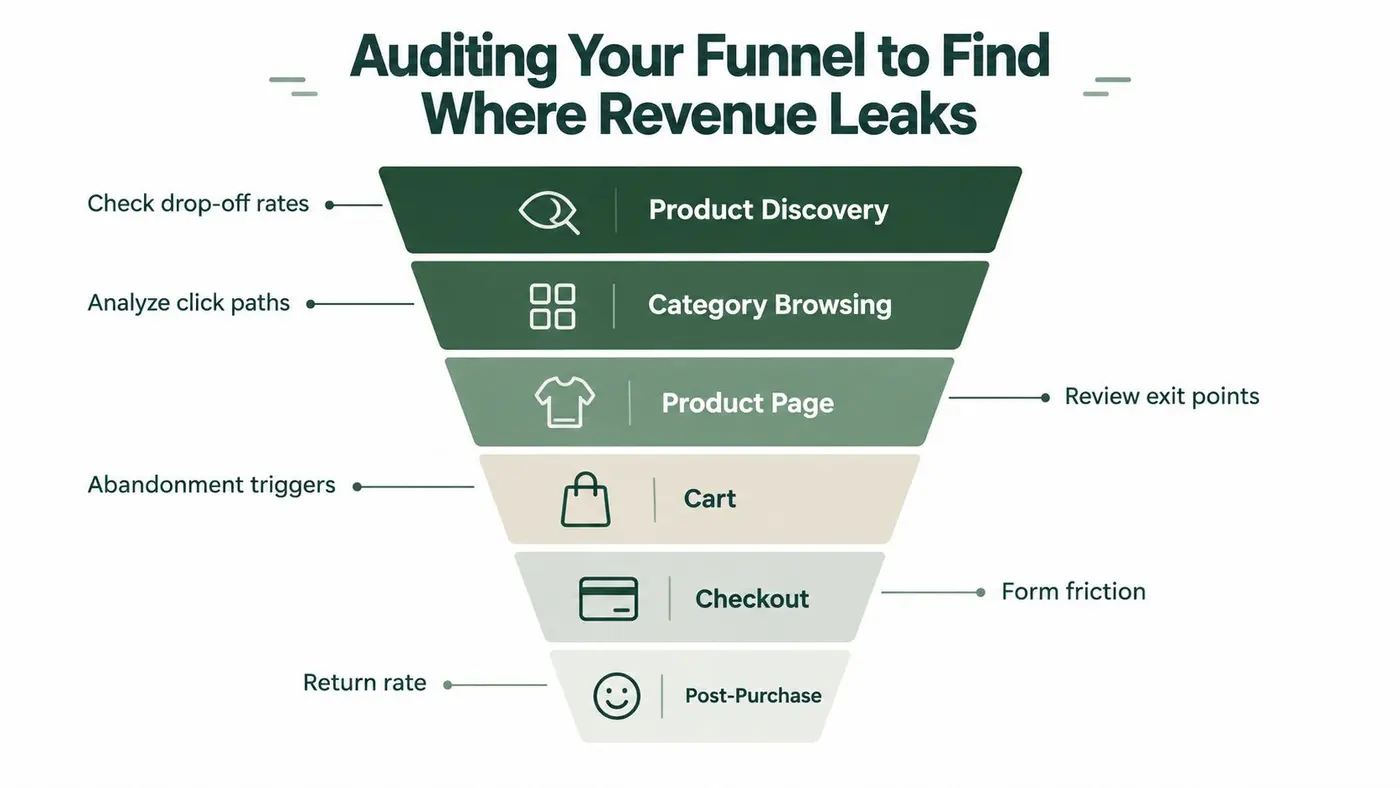A funnel diagram illustrating steps to audit e-commerce stages for potential revenue leaks and improvements.